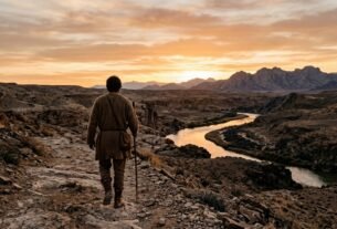 Homem caminhando à beira de um rio ao amanhecer, representando João Batista no deserto