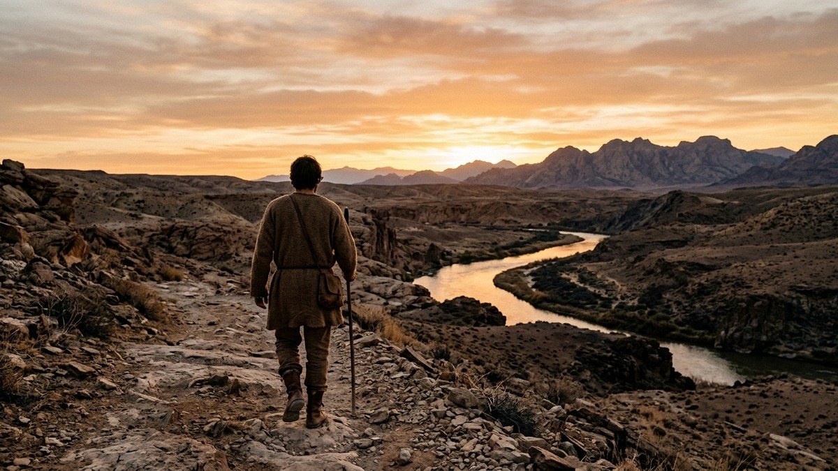 Homem caminhando à beira de um rio ao amanhecer, representando João Batista no deserto