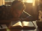 Homem estudando a Bíblia sobre mesa de madeira com caderno e café ao amanhecer
