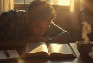 Homem estudando a Bíblia sobre mesa de madeira com caderno e café ao amanhecer