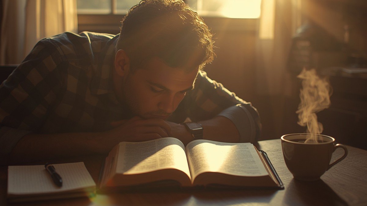 Homem estudando a Bíblia sobre mesa de madeira com caderno e café ao amanhecer