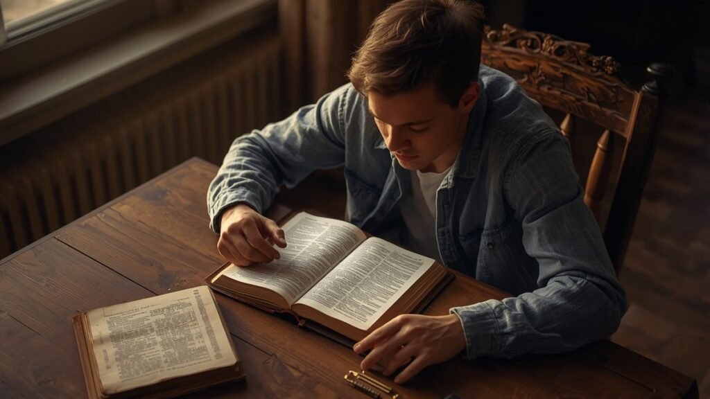 Jovem comparando a Bíblia com livro de referência histórica sobre mesa de madeira