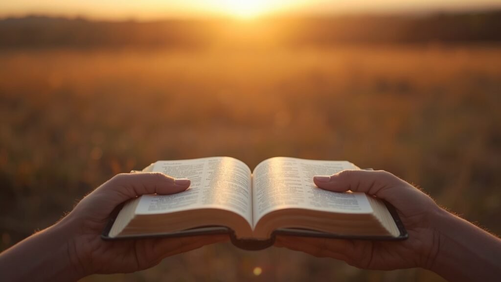 Mãos abertas sobre Bíblia fechada ao amanhecer com luz dourada simbolizando esperança