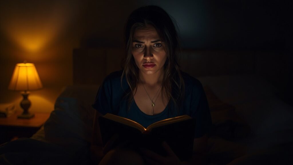 Mulher lendo a Bíblia sozinha à noite com expressão reflexiva