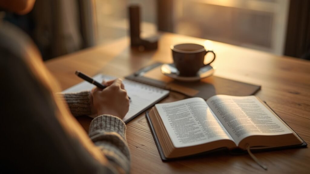 Pessoa escrevendo reflexões em caderno ao lado da Bíblia aberta com xícara de café pela manhã