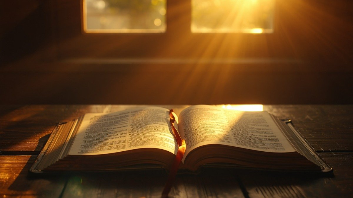 Luz dourada do sol entrando pela janela sobre paginas abertas da biblia