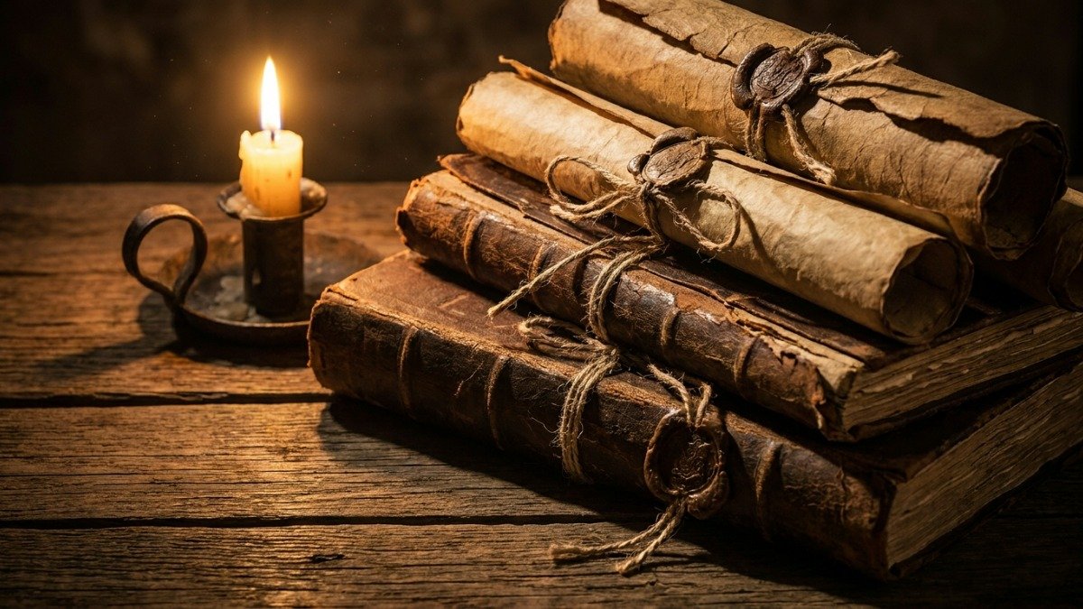 Pilha de pergaminhos e manuscritos antigos iluminados por uma vela representando curiosidades da biblia