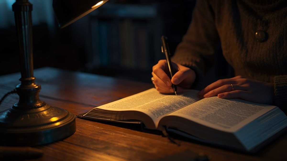 Maos escrevendo anotacoes em um caderno ao lado de uma biblia aberta sob luz de mesa