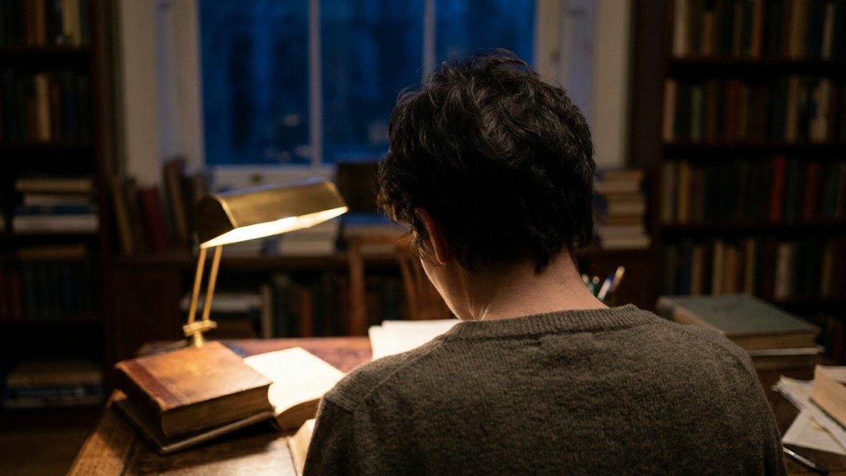 Pessoa vista de costas lendo um livro antigo em uma biblioteca aconchegante durante a noite