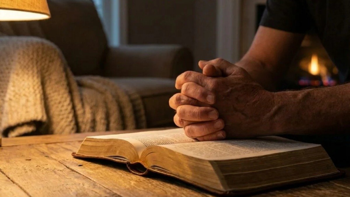 Maos entrelacadas em oracao sobre Biblia aberta representando a presenca do Espirito Santo