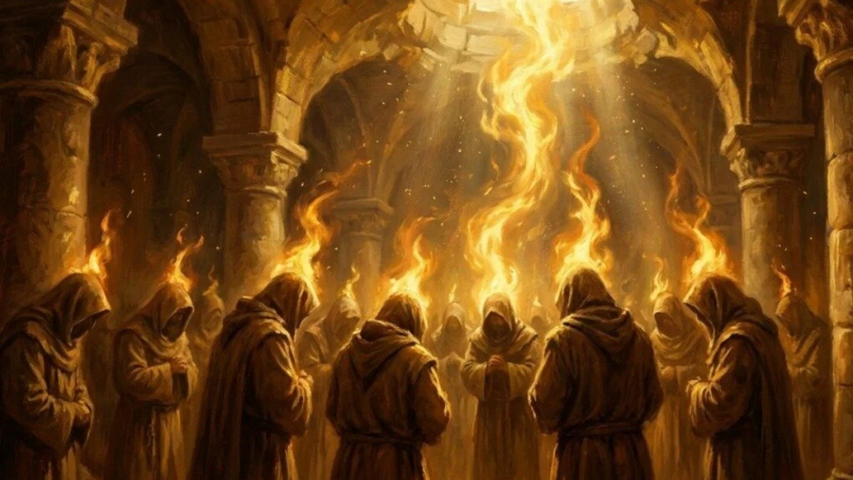 Figuras vistas de costas em salao antigo recebendo a chama do Espirito Santo no Pentecostes