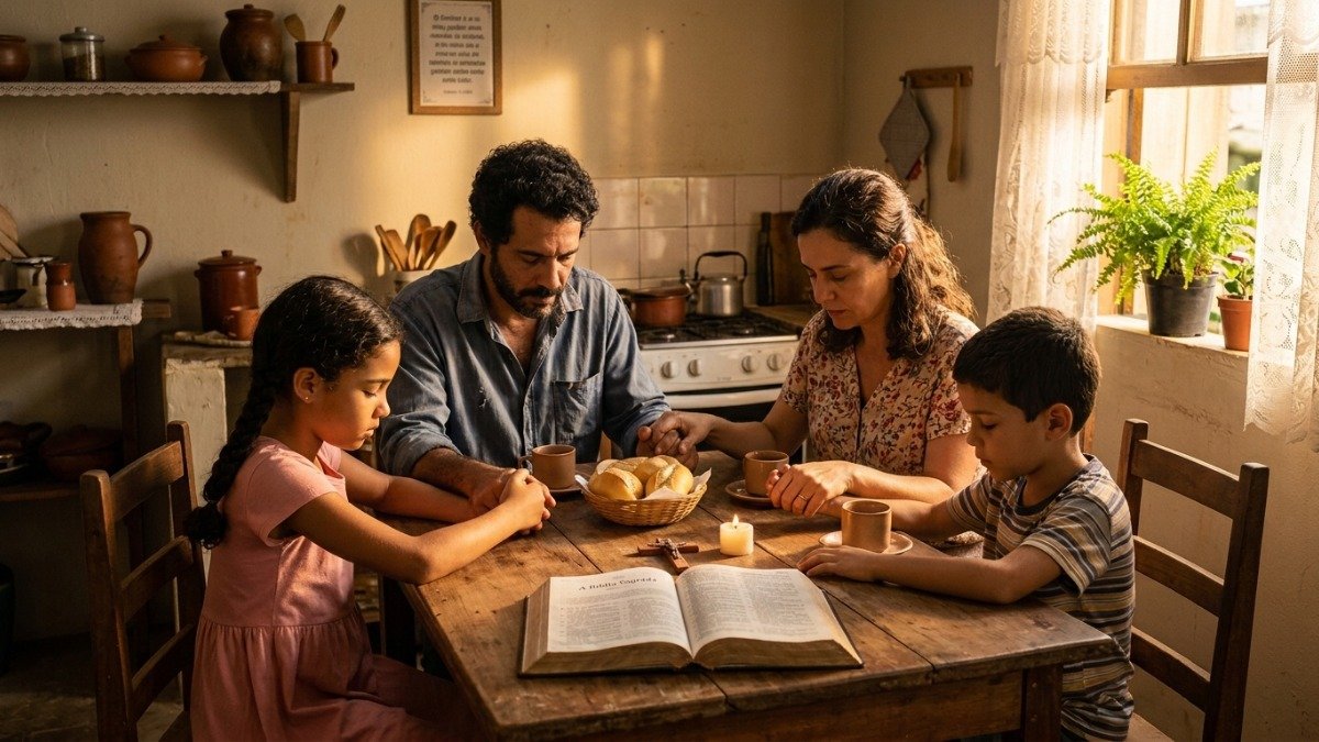 Família brasileira orando à mesa pedindo saúde e esperança a Deus