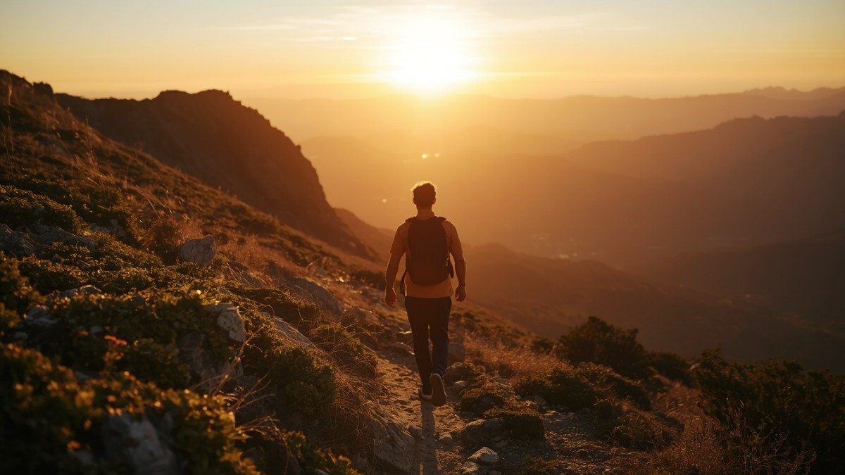 Pessoa caminhando em uma trilha de montanha ao amanhecer, representando determinacao e forca para seguir em frente