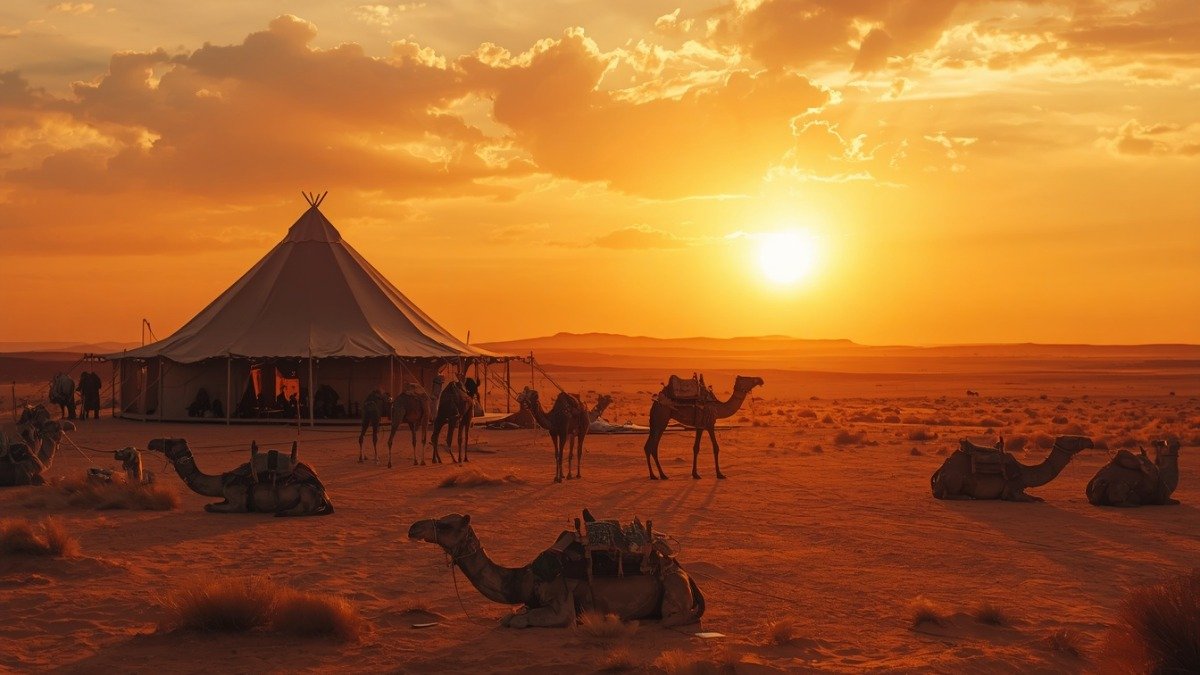 Acampamento nômade antigo com tenda e camelos ao pôr do sol no deserto, ilustrando a história de Abraão na Bíblia