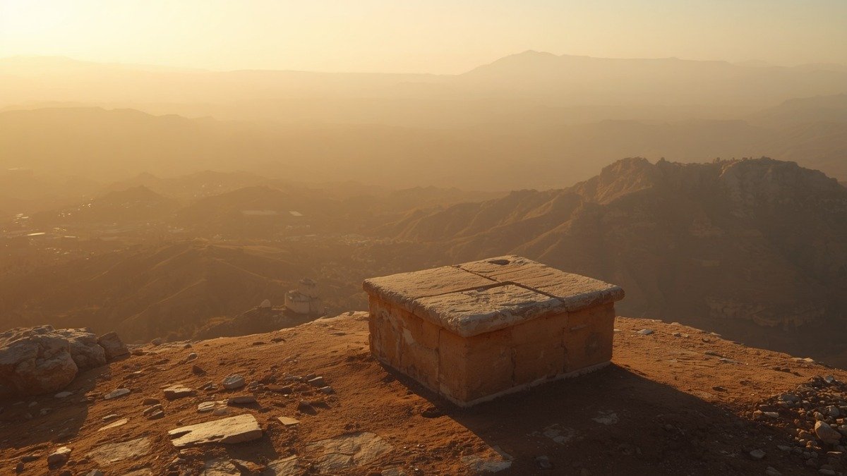 Altar de pedra antigo no topo de uma colina com vista para um vale deserto ao amanhecer, simbolizando o legado e a aliança de Abraão