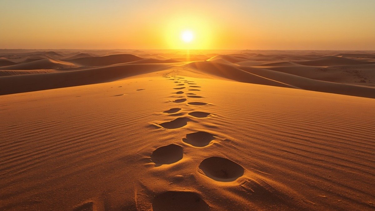 Pegadas na areia do deserto em direção ao nascer do sol, simbolizando os passos de fé na jornada de Abraão
