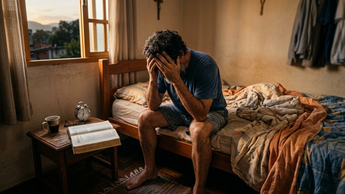 Homem sentado na cama ao nascer do sol refletindo sobre versículos de esperança para a saúde