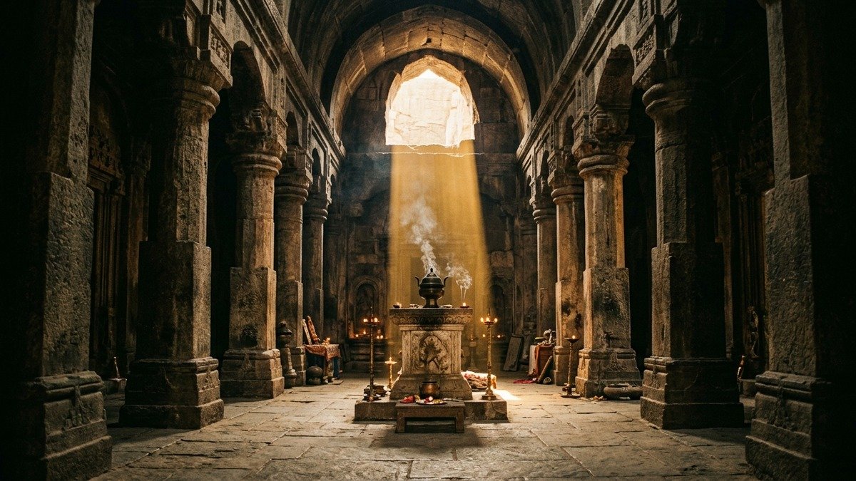Altar antigo com incenso representando o anúncio do nascimento de João Batista no templo