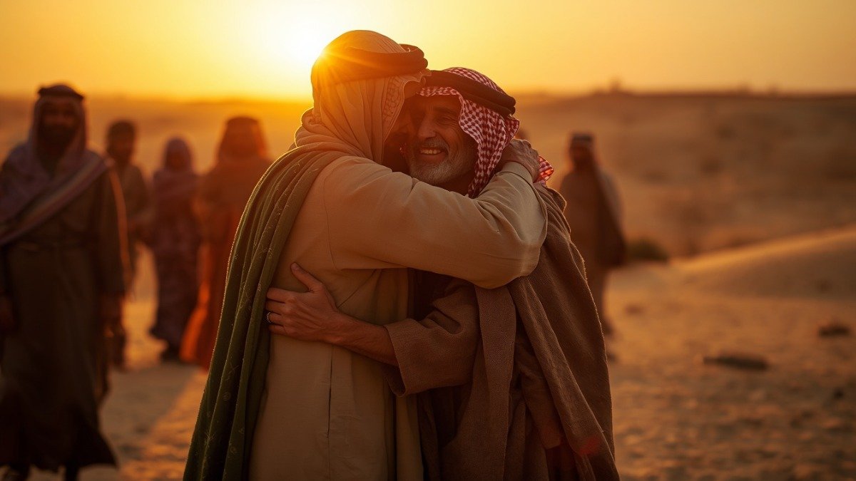 Grupos de homens se abraçando em um pôr do sol no deserto, representando o reencontro emocionado entre José e seus irmãos