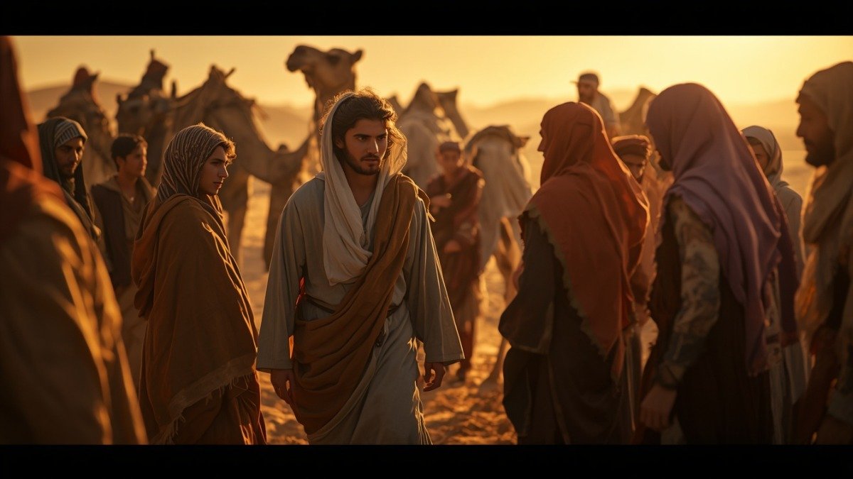 Irmãos de José vendendo-o a mercadores em uma caravana no deserto, representando a traição que ele sofreu