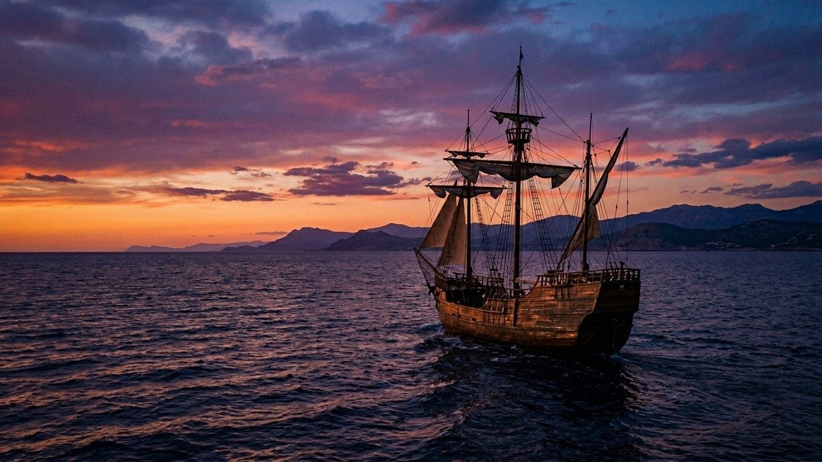 Navio navegando ao entardecer representando as viagens missionárias de Paulo no livro de Atos dos Apóstolos