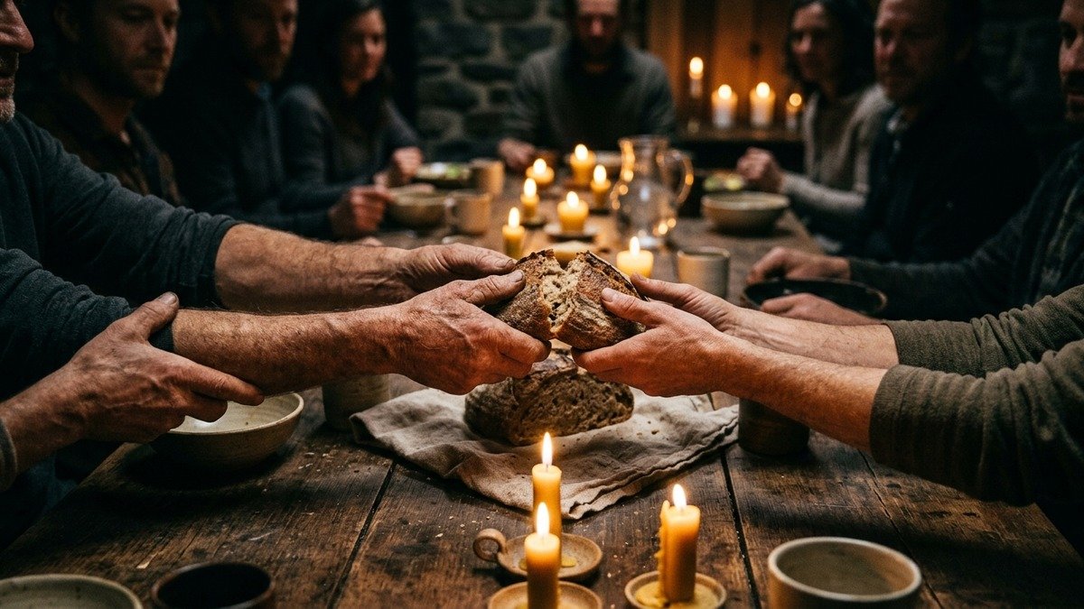Mãos compartilhando pão sobre mesa simples simbolizando a comunhão da igreja primitiva em Atos dos Apóstolos