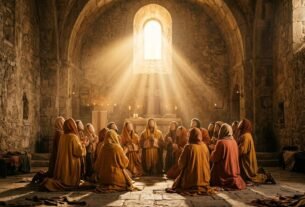 Grupo reunido em oração recebendo o Espírito Santo no Pentecostes, ilustrando o livro de Atos dos Apóstolos