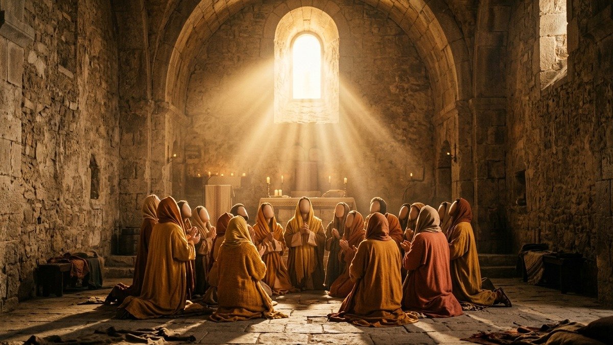Grupo reunido em oração recebendo o Espírito Santo no Pentecostes, ilustrando o livro de Atos dos Apóstolos