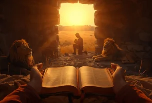Daniel orando tranquilo na cova dos leões com luz dourada entrando pela abertura da caverna