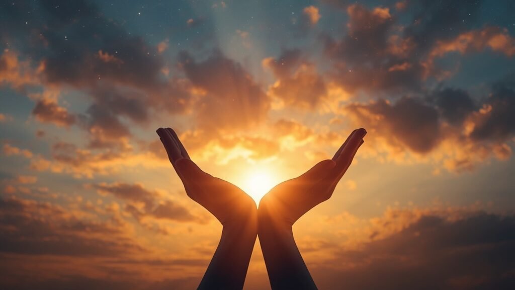 Mãos abertas erguidas ao amanhecer com céu em transição da noite estrelada para o nascer do sol dourado