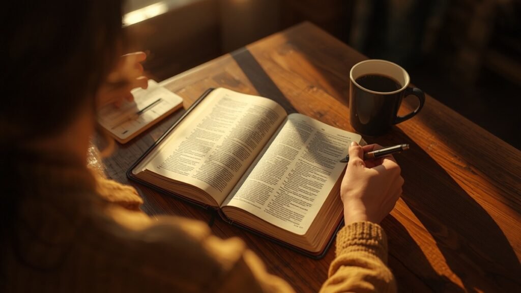 Pessoa estudando o livro de Daniel em mesa de madeira com Bíblia aberta, caderno e xícara de café