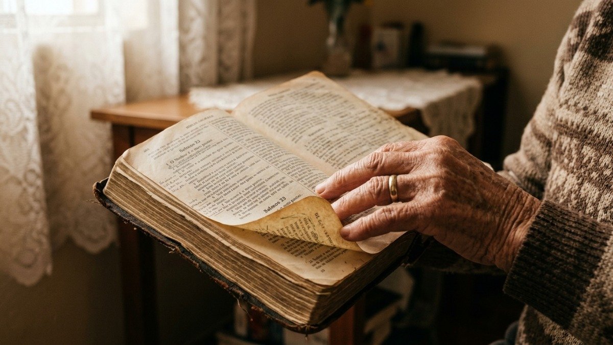 Mãos de mulher idosa folheando a Bíblia em busca de versículos sobre saúde e cura