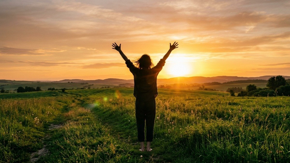 Mãos levantadas em campo ao nascer do sol em adoração e fé por saúde