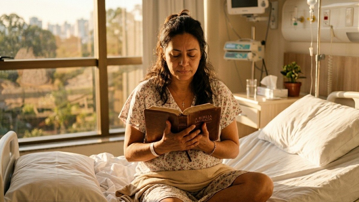 Mulher orando em leito hospitalar com esperança em versículos sobre saúde