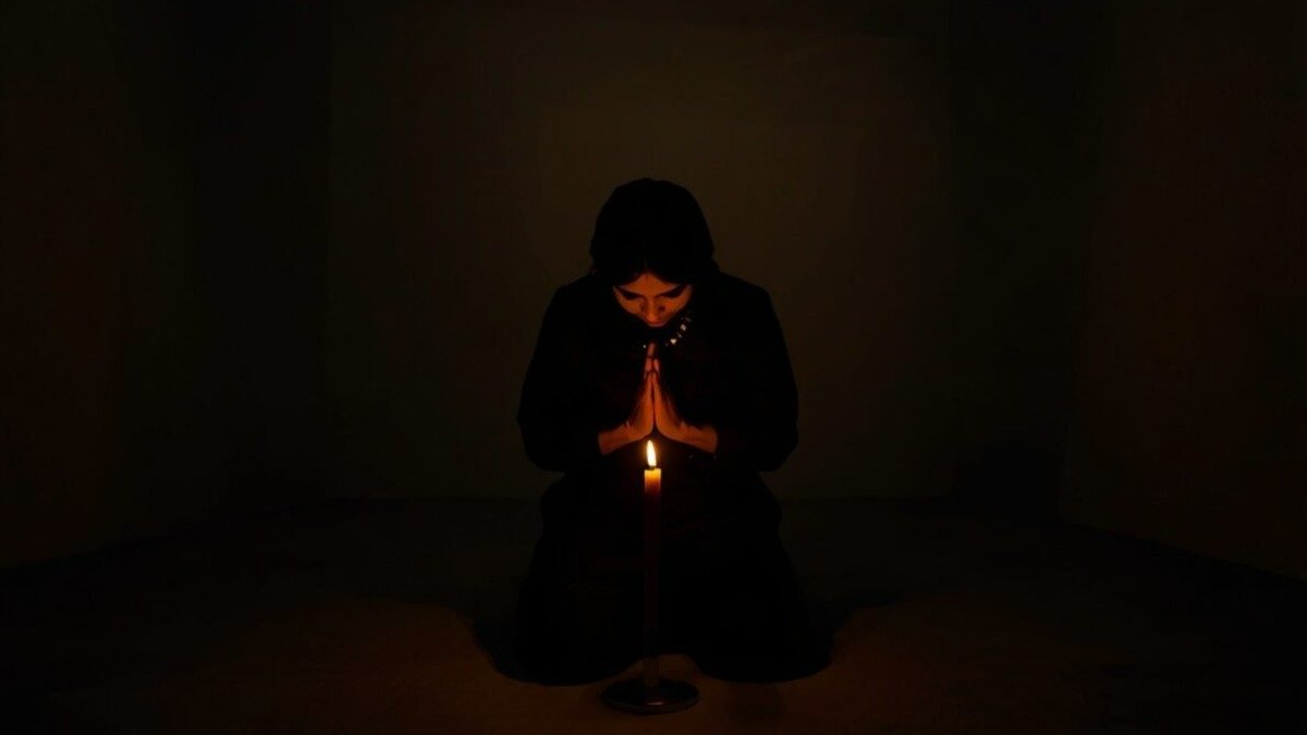 Pessoa orando sozinha a luz de uma vela, buscando o perdao de Deus