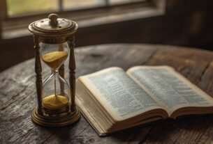 Ampulheta antiga com areia dourada ao lado de uma Bíblia aberta sobre mesa rústica, representando o tempo dedicado à leitura bíblica diária