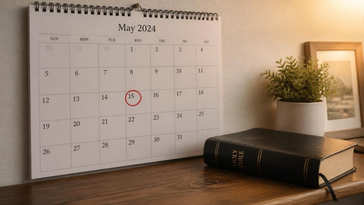 Calendário de parede com um dia circulado em vermelho ao lado de uma Bíblia fechada, representando o compromisso e a consistência no plano de leitura