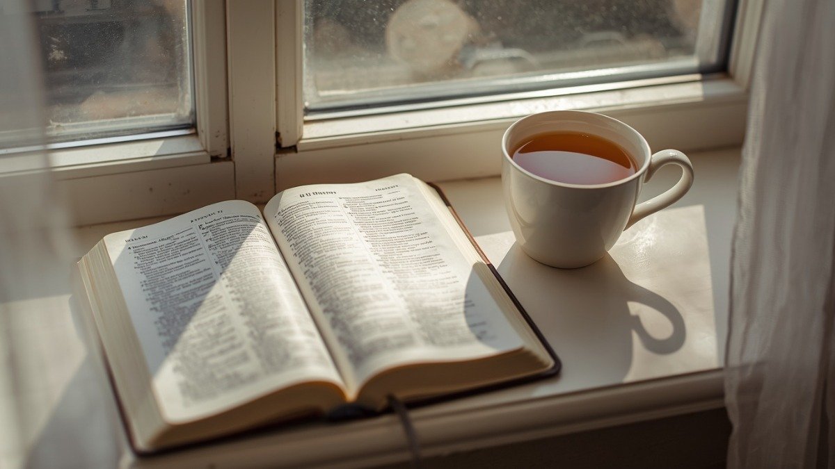 Bíblia aberta ao lado de uma xícara de chá quente em uma janela com luz solar suave, representando um momento tranquilo de leitura bíblica