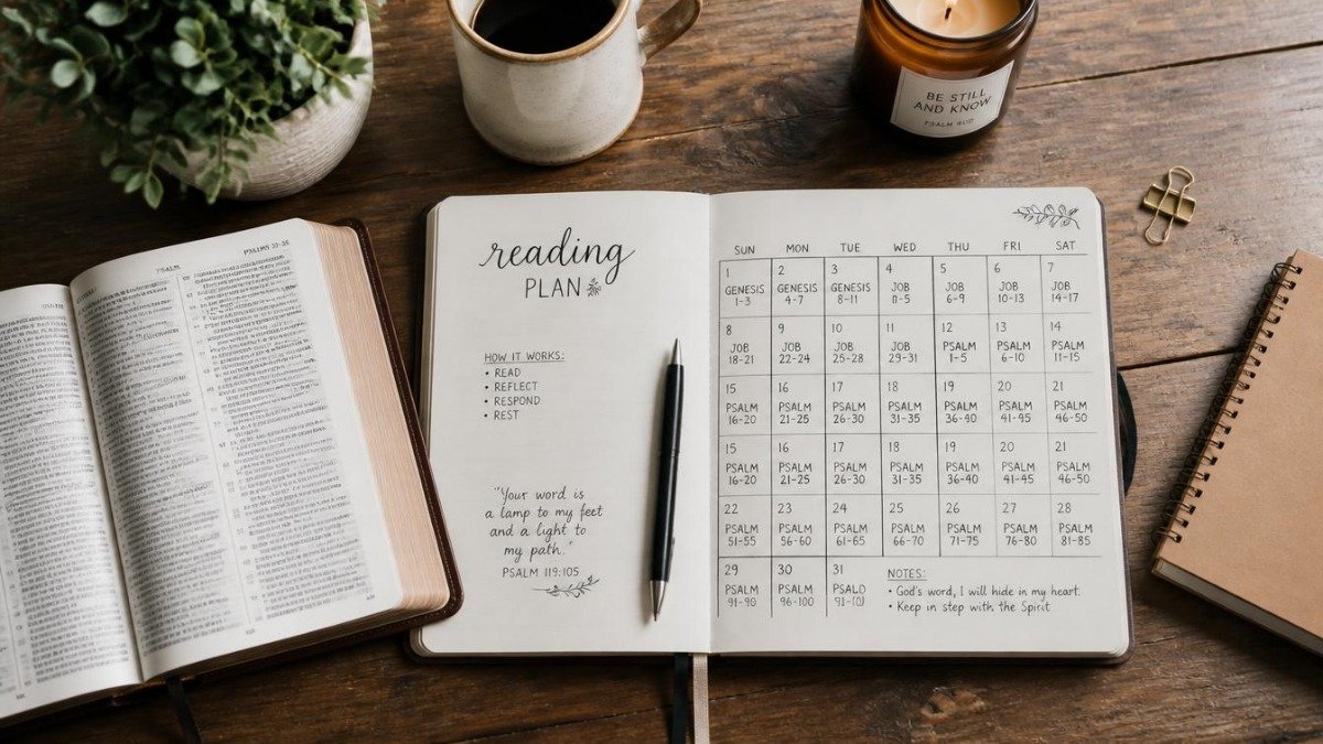 Diário de plano de leitura aberto com calendário desenhado à mão e Bíblia sobre mesa de madeira, representando a organização do plano de leitura bíblica anual