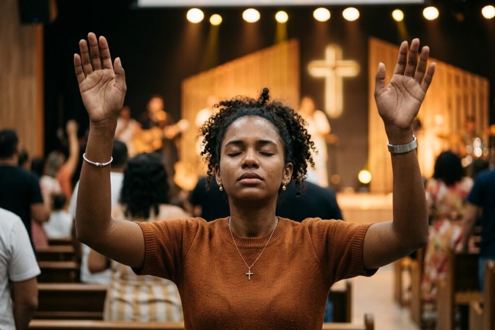 Mulher em momento de adoracao dentro de uma igreja, simbolizando o louvor cristao hoje