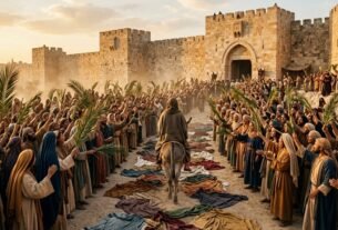 Multidão agitando ramos de palmeira enquanto Jesus entra em Jerusalém sobre um jumentinho