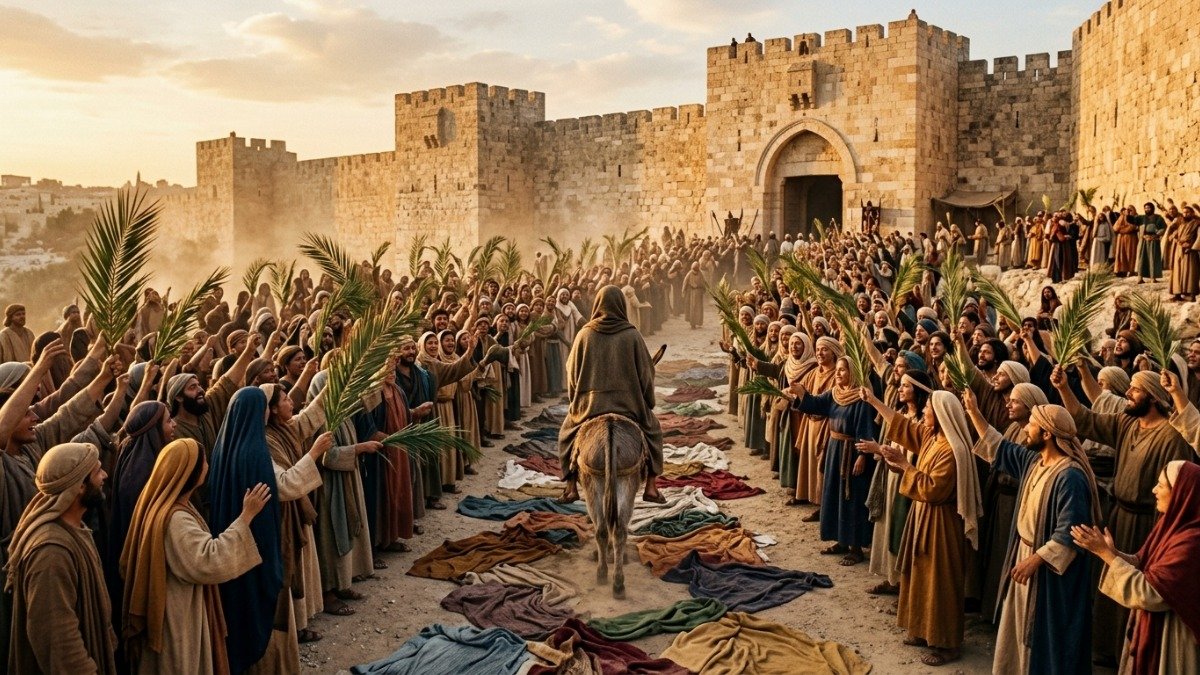 Multidão agitando ramos de palmeira enquanto Jesus entra em Jerusalém sobre um jumentinho