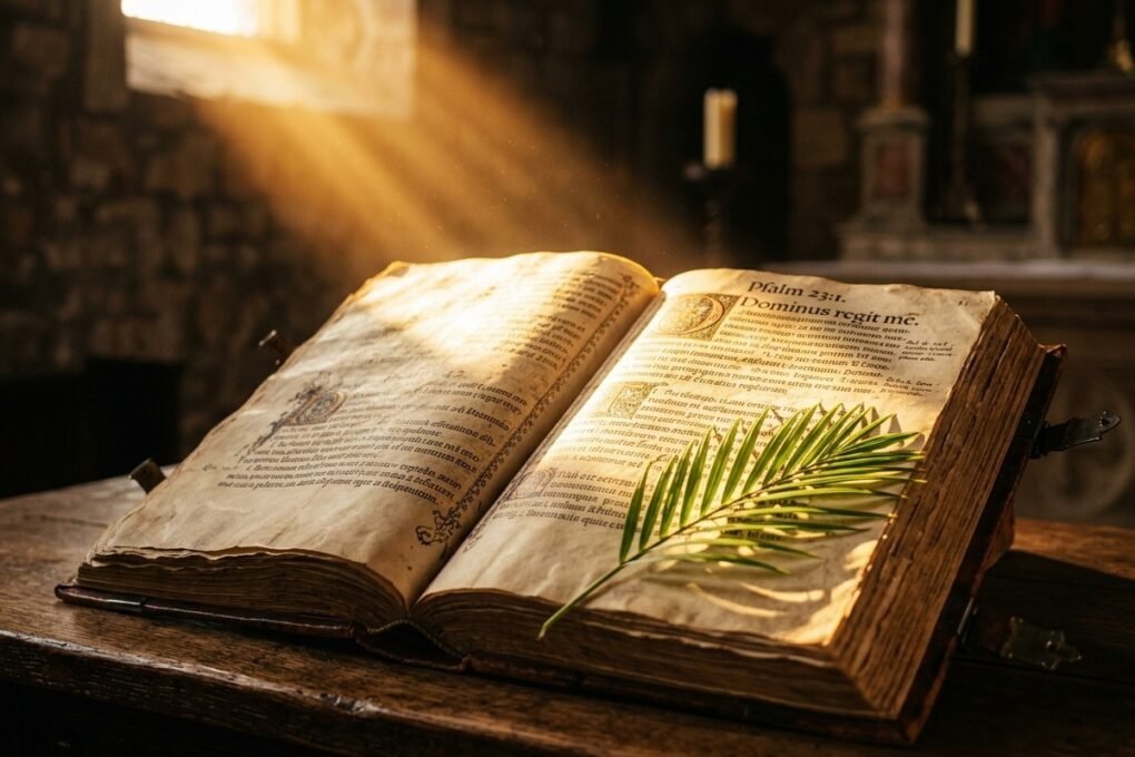 Biblia aberta iluminada por luz suave, simbolizando a busca pelo significado das escrituras