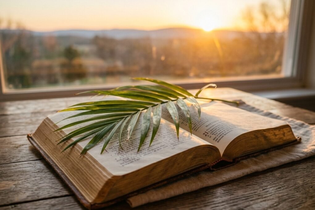 Ramos de palmeira sobre uma Biblia aberta ao nascer do sol, simbolizando os versiculos para memorizar