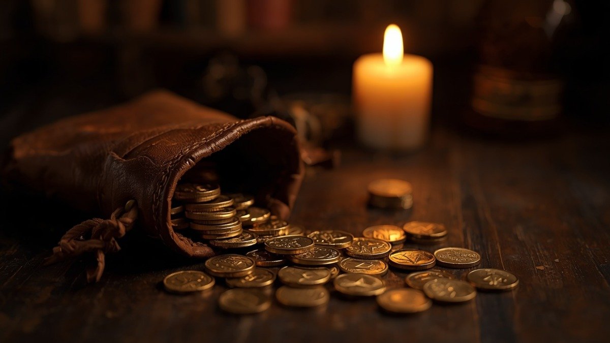 Bolsa de couro antiga derramando moedas de ouro sobre mesa de madeira, simbolizando tesouro e riqueza material