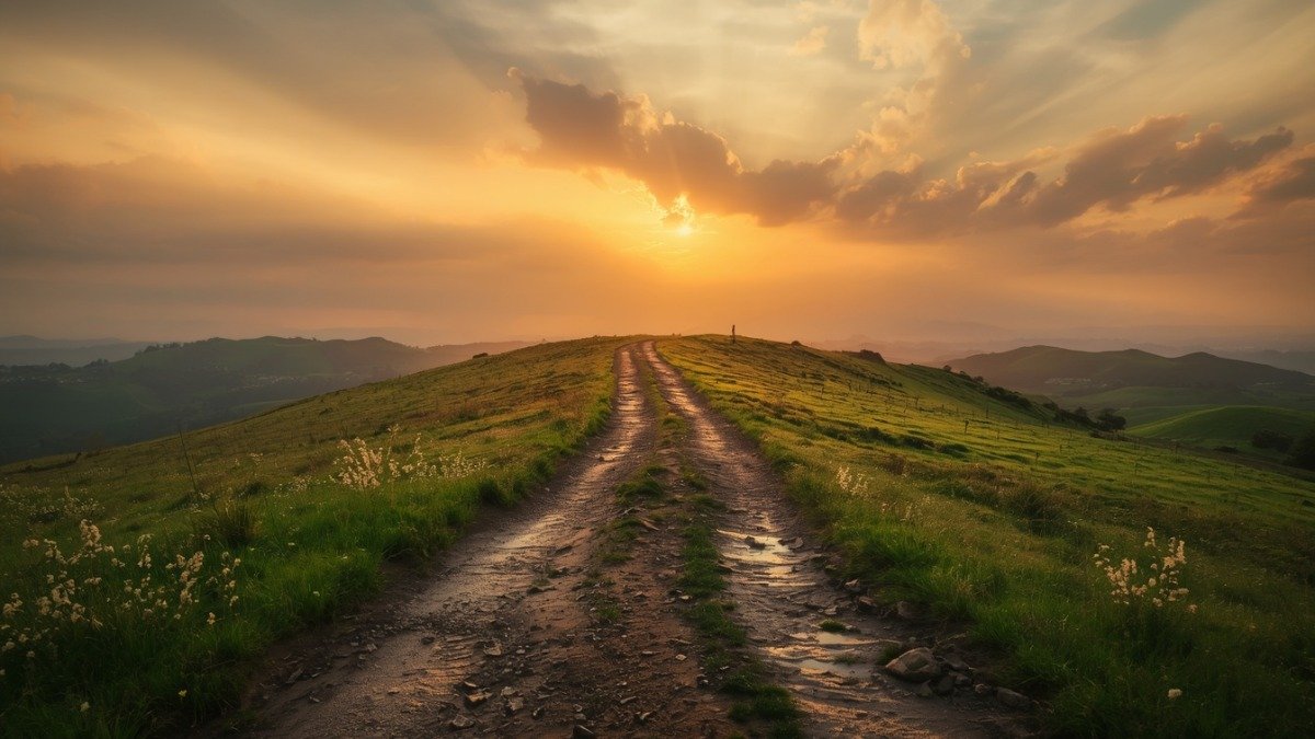 Caminho de terra subindo uma colina verde ao amanhecer, simbolizando a busca pelo Reino de Deus em primeiro lugar