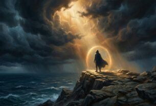 Silhueta em penhasco durante tempestade com luz dourada divina representando versiculos sobre protecao
