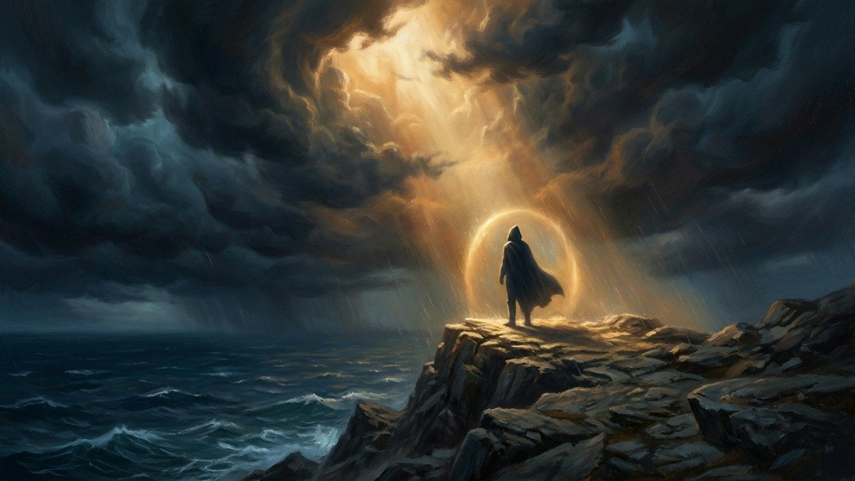 Silhueta em penhasco durante tempestade com luz dourada divina representando versiculos sobre protecao
