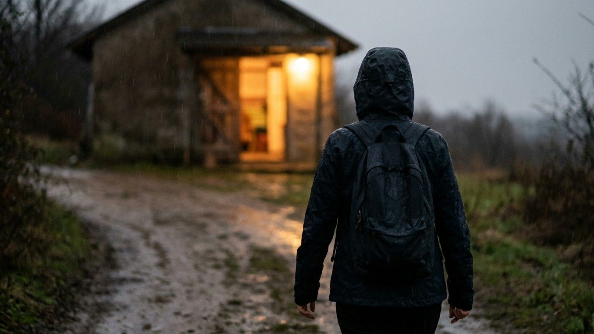 Pessoa de costas caminhando em direcao a uma porta iluminada na chuva buscando abrigo e protecao