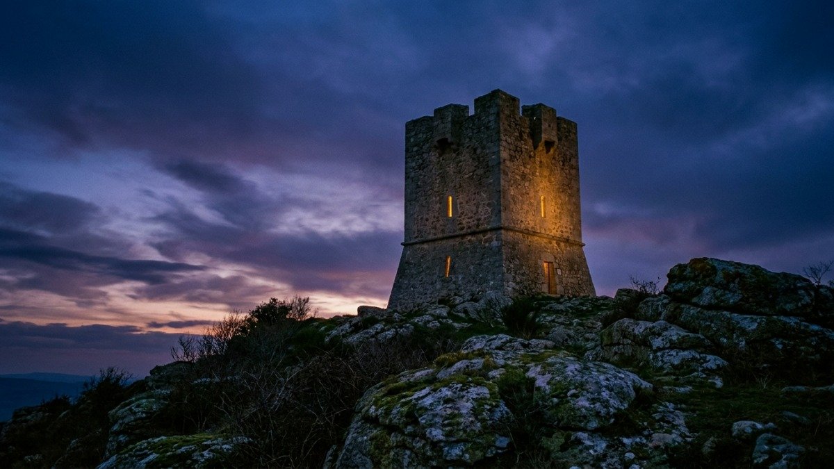 Torre de fortaleza antiga de pedra no topo de uma colina ao anoitecer representando refugio e protecao divina